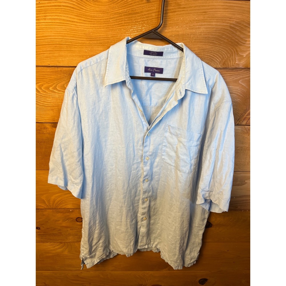 Alan Flusser Mens XL Light Blue Linen Short‎ Sleeve Button Up Shirt Weddin Caree